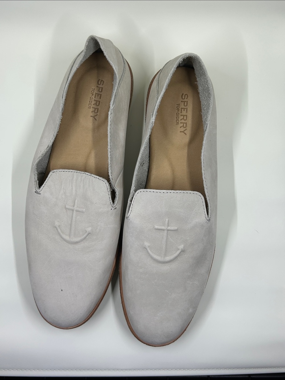 Sperry Light Gray Suede Slip-On Loafers with Embossed Anchor